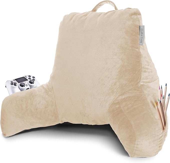 Clara Clark Reading Pillow with Portable Lap Desk for laptop Set, Back Pillow for Sitting Up in Bed, Memory Foam Back Support Pillow, Bed Rest Pillow with Foldable Laptop Desk, Standard - Beige Cream - LeafyLoom