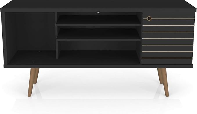 Manhattan Comfort Liberty Mid Century Modern TV Stand for Televisions up to 50 Inches, Bedroom and Living Room Entertainment Center with Storage, Shelves, and Cabinet, 53" Wide, Black - LeafyLoom