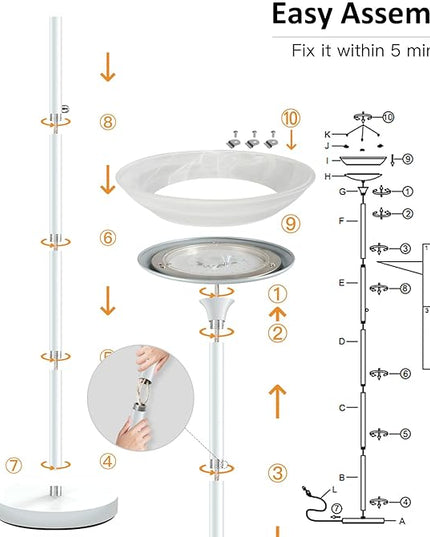 BoostArea Torchiere Floor Lamp, 24W Super Bright LED Standing Lamp, Stepless Dimmable Pole Lamp with 3000K Lighting, Glass Lampshade, 71Inch Tall Metal Modern Floor lamps for Living Room/Bedroom White - LeafyLoom