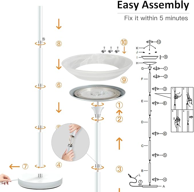 BoostArea Torchiere Floor Lamp, 24W Super Bright LED Standing Lamp, Stepless Dimmable Pole Lamp with 3000K Lighting, Glass Lampshade, 71Inch Tall Metal Modern Floor lamps for Living Room/Bedroom White - LeafyLoom