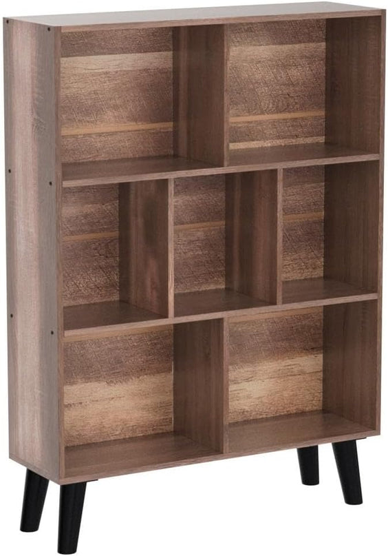 LEYAOYAO 7 Cube Bookshelf 3 Tier Modern Bookcase with Legs,Wood Book Shelves Storage Organizer Shelf,Free Standing Bookcases,Oak Display Bookshelves - LeafyLoom
