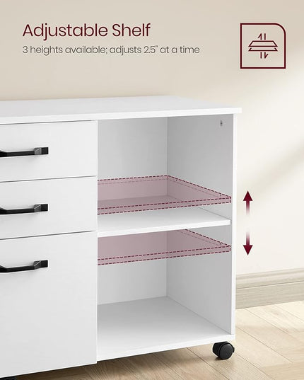 VASAGLE Lateral File Cabinet, Home Office Printer Stand, with 3 Drawers and Open Storage Shelves, for A4, Letter-Size Documents, White, 15.7”D x 31.5”W x 26”H - LeafyLoom