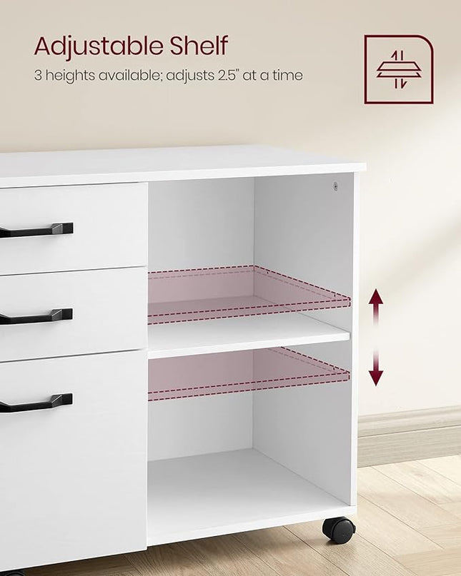 VASAGLE Lateral File Cabinet, Home Office Printer Stand, with 3 Drawers and Open Storage Shelves, for A4, Letter-Size Documents, White, 15.7”D x 31.5”W x 26”H - LeafyLoom