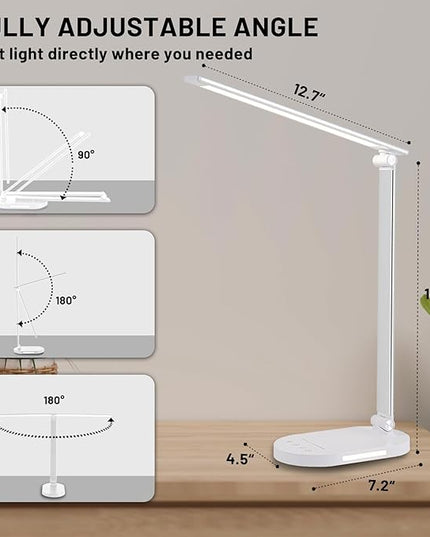 LED Desk Lamp for Home Office, Dimmable Table Lamp with USB Charging Port, 5 Lighting Modes, Sensitive Control, 60 Minutes Auto-Off Timer, Eye-Caring Office Lamp(White) - LeafyLoom