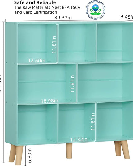 LEYAOYAO 8 Cube Bookshelf 3-Tier Bookcase with Legs, Mint-Green Kids Book Shelf Cute Storage Organizer, Large Open Toy Shelves Modern Bookshelves,Display Bookcases for Bedroom,Living Room,Nursery - LeafyLoom