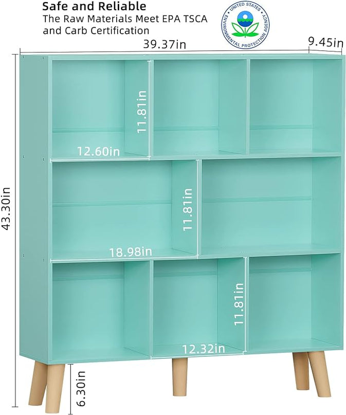 LEYAOYAO 8 Cube Bookshelf 3-Tier Bookcase with Legs, Mint-Green Kids Book Shelf Cute Storage Organizer, Large Open Toy Shelves Modern Bookshelves,Display Bookcases for Bedroom,Living Room,Nursery - LeafyLoom
