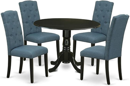 East West Furniture DLCE5-BLK-21 Dublin 5 Piece Kitchen Set Includes a Round Dining Table with Dropleaf and 4 Mineral Blue Linen Fabric Upholstered Chairs, 42x42 Inch, Black - LeafyLoom