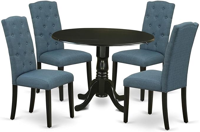 East West Furniture DLCE5-BLK-21 Dublin 5 Piece Kitchen Set Includes a Round Dining Table with Dropleaf and 4 Mineral Blue Linen Fabric Upholstered Chairs, 42x42 Inch, Black - LeafyLoom
