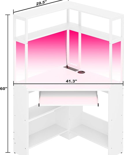 Cyclysio Small Corner Desk with Hutch, Heavy Duty Corner Computer Desk with Power Outlets & LED Light, Triangle Corner Gaming Desk with Keyboard Tray for Home Office, Small Space, Workstation White - LeafyLoom