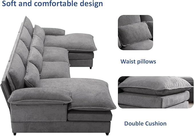 Symmetrical U Shaped Modular Sectional Sofa Cloud Couch, 6 Seater Oversized Convertible Sleeper Couch with Double Chaise & Memory Foam, Deep Seat Corner Sofa&Couches for Living Room Office - LeafyLoom