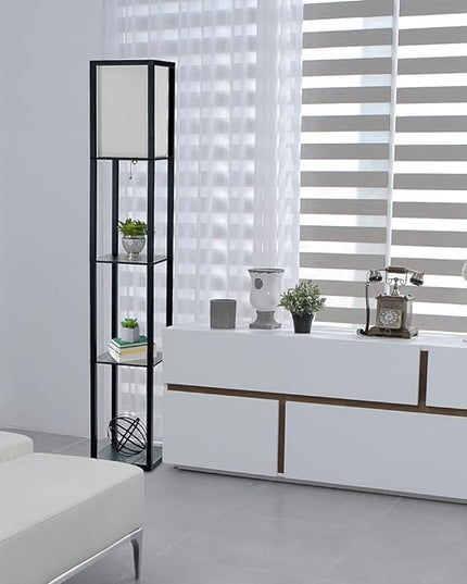 Simple Designs LF1014-BLK-LB Three Shelf Etagere Organizer Storage Floor Lamp with White Linen Shade for Living Room, Bedroom, Office, Hallway, Black, with Feit LED Bulb Included - LeafyLoom