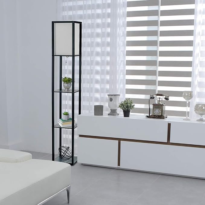 Simple Designs LF1014-BLK 62.5" Modern Etagere Organizer Storage 3 Shelf Floor Lamp with White Linen Fabric Shade for Home Décor, Office, Study, Bedroom, Living Room, Dining Room, Black - LeafyLoom