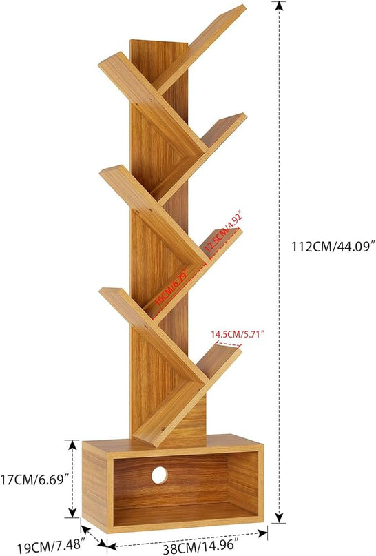 YMYNY 6 Tier Tree Bookshelf, Tall Bookcase, Wood Book Storage Rack with Drawer, Modern Floor Standing Book Shelf for Books/Movies/CDs, Utility Organizer for Living Room, Home Office, Natural UHBC016N - LeafyLoom