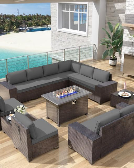 Patio Furniture Sectional Sofa Set 13-Pieces PE Rattan Patio Conversation Set w/43in Gas Fire Pit Table, Outdoor Furniture with 55000 BTU Propane Fire Pit, Grey - LeafyLoom