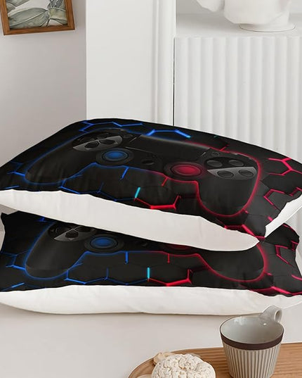 Axolotl Gamer Comforter Sets Queen,Geometric Honeycomb Gaming Bedding Sets,Video Games Comforter,Gaming Bedding Set,Game Console Comforter Set for Kids Boys Girls Teens,1 Quilt 2 Pillowcases,Blue Red - LeafyLoom