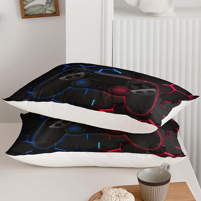 Axolotl Gamer Comforter Sets Full,Geometric Honeycomb Gaming Bedding Sets,Video Games Comforter,Gaming Bedding Set,Game Console Comforter Set for Kids Boys Girls Teens,1 Quilt 2 Pillowcases,Blue Red - LeafyLoom