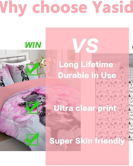 Cat Comforter Set Queen Size for Kids Pink Feathers Black Cat 3Pcs Bedding Set for boys and Girls (1Summer Comforter+ 2 Pillowcases) Lovely Animal Pets Duvet Set - LeafyLoom