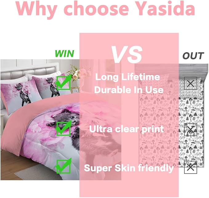 Cat Comforter Set Queen Size for Kids Pink Feathers Black Cat 3Pcs Bedding Set for boys and Girls (1Summer Comforter+ 2 Pillowcases) Lovely Animal Pets Duvet Set - LeafyLoom