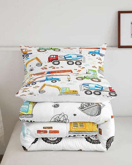 Boys Excavator Bedding Set Construction Vehicles Comforter Set for Kids Girls Watercolor Tractor Crane Truck Comforter Colorful Design Quilt Room 3Pcs Full Size Boys - LeafyLoom