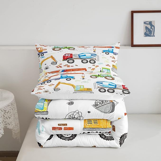 Boys Excavator Bedding Set Construction Vehicles Comforter Set for Kids Girls Watercolor Tractor Crane Truck Comforter Colorful Design Quilt Room 3Pcs Full Size Boys - LeafyLoom