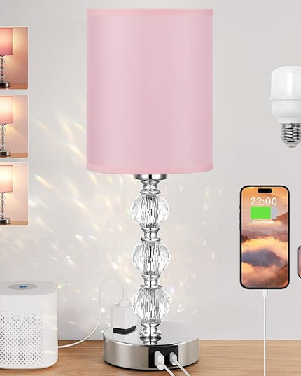 Pink Touch Bedside Lamps for Bedrooms - Crystal Table Lamp with USB C+A Charging Port and AC Outlet Nightstand, 3 Way Dimmable Silver Small End Side Table Lamp for Living/Guest/Dinning Room/Kitchen - LeafyLoom