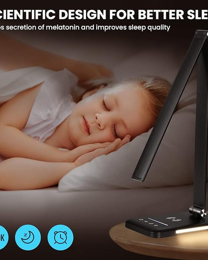 LED Desk Lamp with Night Light, Fast Wireless Charger, USB Charging Port, 10 Brightness, 5 Color Modes, Dimmable Bedside Table Lamp for Bedroom, Touch Control, Auto Timer, 1200Lux Super Bright - LeafyLoom