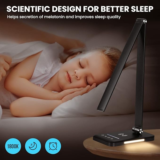 LED Desk Lamp with Night Light, Fast Wireless Charger, USB Charging Port, 10 Brightness, 5 Color Modes, Dimmable Bedside Table Lamp for Bedroom, Touch Control, Auto Timer, 1200Lux Super Bright - LeafyLoom