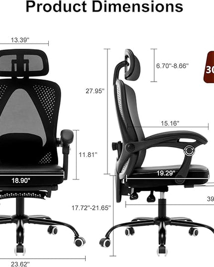 Office Chair Ergonomic Desk Chair, Reclining PU Cushion Mesh Computer Chair with Adjustable Lumbar Support, Headrest and Footrest, High Back Home Office Desk Chair, 360° Swivel Executive Task Chair - LeafyLoom