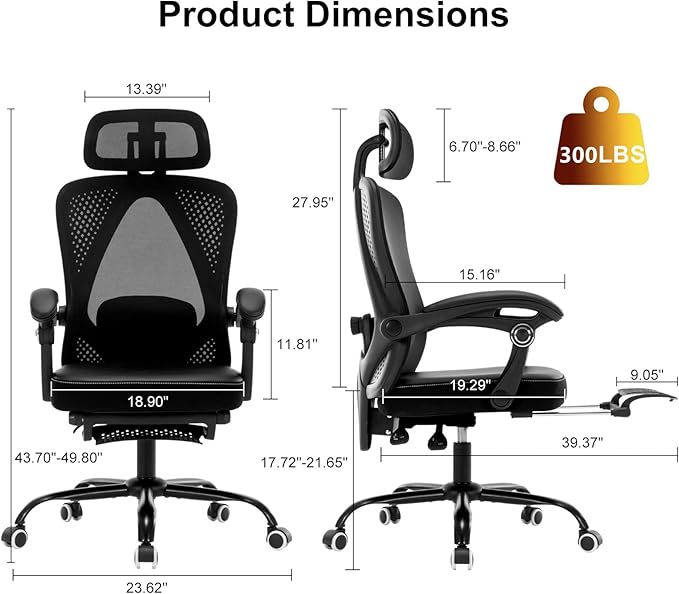 Office Chair Ergonomic Desk Chair, Reclining PU Cushion Mesh Computer Chair with Adjustable Lumbar Support, Headrest and Footrest, High Back Home Office Desk Chair, 360° Swivel Executive Task Chair - LeafyLoom