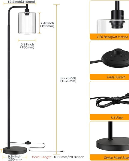 MAXvolador Industrial Floor Lamp, Modern Standing Lamps with Hanging Clear Glass Shade, Classic Reading Tall Pole Light for Living Room Bedroom, Black - LeafyLoom