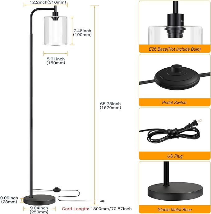 MAXvolador Industrial Floor Lamp, Modern Standing Lamps with Hanging Clear Glass Shade, Classic Reading Tall Pole Light for Living Room Bedroom, Black - LeafyLoom