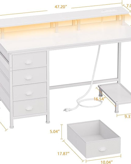 Furologee Desk with Power Outlets and LED Lights, 47in Gaming Computer Desk with 4 Fabric Drawers, Home Office Desk with Full Monitor Stand and Shelf, Study Writing Desk for Bedroom, White - LeafyLoom