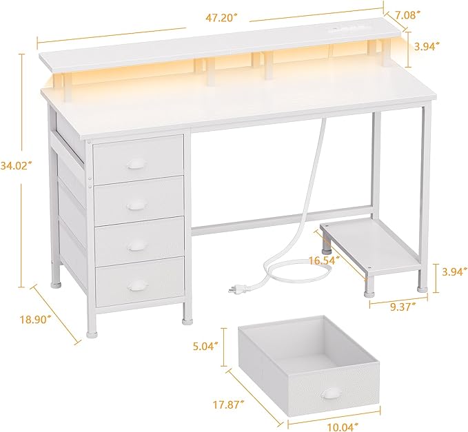 Furologee Desk with Power Outlets and LED Lights, 47in Gaming Computer Desk with 4 Fabric Drawers, Home Office Desk with Full Monitor Stand and Shelf, Study Writing Desk for Bedroom, White - LeafyLoom