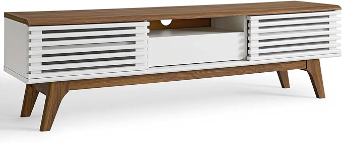 Modway Render Mid-Century Modern Low Profile 59 Inch TV Stand in Walnut/White - LeafyLoom