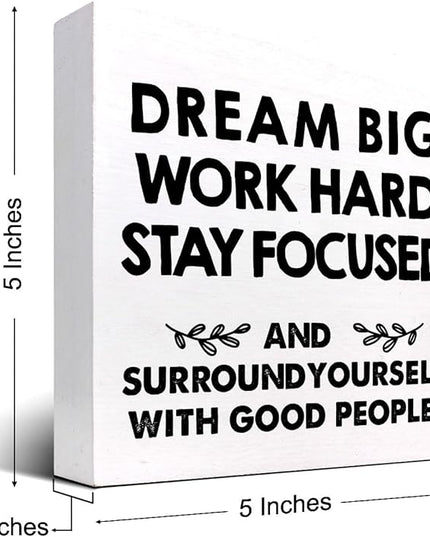 Motivational Wood Box Sign Desk Decor,Dream Big Work Hard Stay Focused Wood Plaque Signs,Rustic Positive Wooden Block Sign Decor for Office Workplace Classroom Shelf Table Decoration C1077 - LeafyLoom