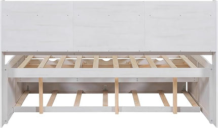 Full Captains Bed with 3 Storage Drawers and Trundle, Wood Daybed with Built-in Bookshelves for Bedroom Living Room, White - LeafyLoom