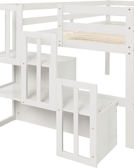 Bellemave Low Loft Bed for Kids,Twin Size Loft Bed with Storage Staircase,Wood Loft Bed Frame for Boys Girls Teens(White) - LeafyLoom