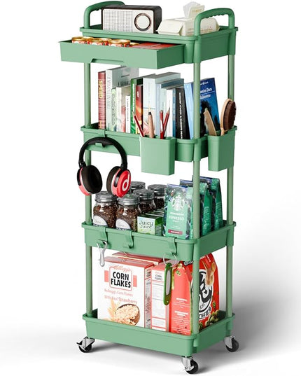 4 Tier Small Rolling Cart Organizer,Art Craft Diaper Bedside Snack Cart Laundry Room Bathroom Organizer Narrow Thin Slim Rolling Trolley Utility Cart with Wheels for Kitchen,Office(Green) - LeafyLoom