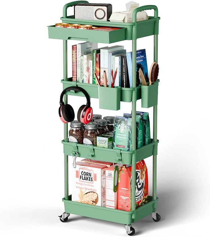 4 Tier Small Rolling Cart Organizer,Art Craft Diaper Bedside Snack Cart Laundry Room Bathroom Organizer Narrow Thin Slim Rolling Trolley Utility Cart with Wheels for Kitchen,Office(Green) - LeafyLoom