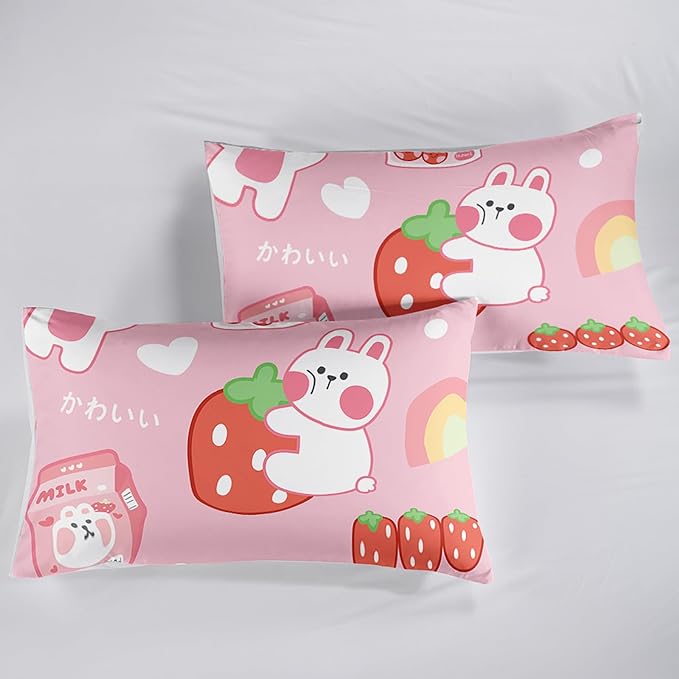 Strawberry Rabbit Comforter Set for Kids Teens Girls Women,Pink Bunny Kids Comforter,1 Comforter with 2 Pillowcase, Microfiber 3 Piece Bedding Set,for All Seasons(Pink，Full Size) - LeafyLoom