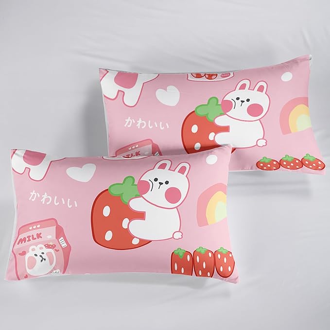 Strawberry Rabbit Comforter Set for Kids Teens Girls Women,Pink Bunny Kids Comforter,1 Comforter with 2 Pillowcase, Microfiber 3 Piece Bedding Set,for All Seasons(Pink，Twin Size) - LeafyLoom