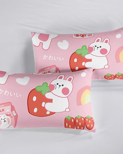 Strawberry Rabbit Comforter Set for Kids Teens Girls Women,Pink Bunny Kids Comforter,1 Comforter with 2 Pillowcase, Microfiber 3 Piece Bedding Set,for All Seasons(Pink，Queen Size) - LeafyLoom