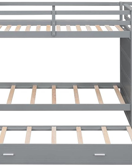 Twin Over Twin Bunk Bed with Stairs, 4 Storage Drawers and Trundle, Wooden Bunkbeds with Staircase and Full-Length Guardrails, for Kids/Teens Bedroom, Gray - LeafyLoom