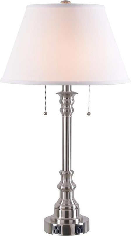 Kenroy Home 30437BS-OOR Spyglass Double Outlet Table Lamp with Brushed Steel Finish, Classic Style, 30.5" Height, 17" Width, 17" Depth - LeafyLoom