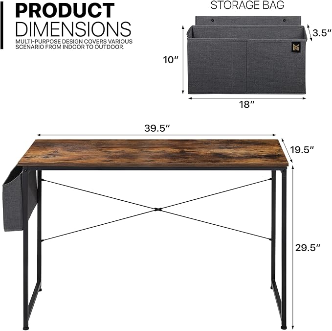MoNiBloom Home Office Gaming Desk, 40 Inches Computer Study Table with A Storage Bag, Rustic Brown - LeafyLoom