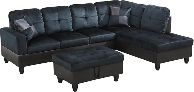 ROOMTEC 3 Piece L Shaped Sectional Sofa Set with Storage Ottoman, Right Facing Chaise Longue, Reversible Backrest w/ 2 Cup Holders, Lint Tufted Cushions, for Living Room, Dark Blue and Brown - LeafyLoom
