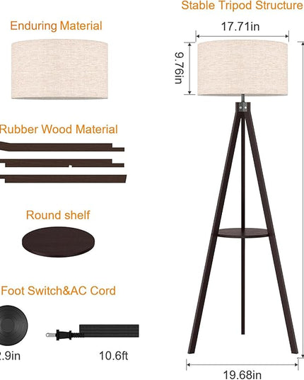 LEPOWER Tripod Floor Lamp, Mid Century Wood Standing Lamp, Modern Design Shelf Floor Lamp for Living Room, Bedroom, Office, Flaxen Lamp Shade with E26 Lamp Base Walnut - LeafyLoom