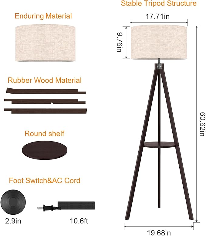 LEPOWER Tripod Floor Lamp, Mid Century Wood Standing Lamp, Modern Design Shelf Floor Lamp for Living Room, Bedroom, Office, Flaxen Lamp Shade with E26 Lamp Base Walnut - LeafyLoom