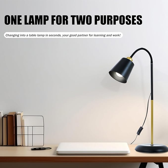 AoMck Floor Lamp, Industrial Metal Floor Standing Lamps Bendable Floor Lamp with Adjustable Gooseneck 2 in 1 Floor Reading Table Lamps for Living Room Bedroom Office(Black) - LeafyLoom