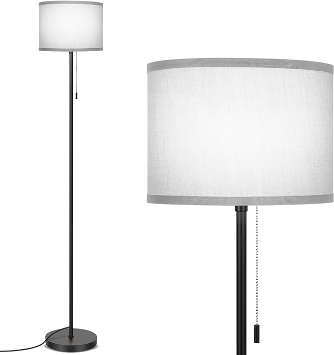 FOLKSMATE Floor Lamp for Living Room, Modern LED Simple Standing Lamps, Minimalist Tall Lamp for Bedroom, Living Room, Office, Kids Room, Reading Light, Black Pole Lamp with Grey Shade, without Bulb - LeafyLoom